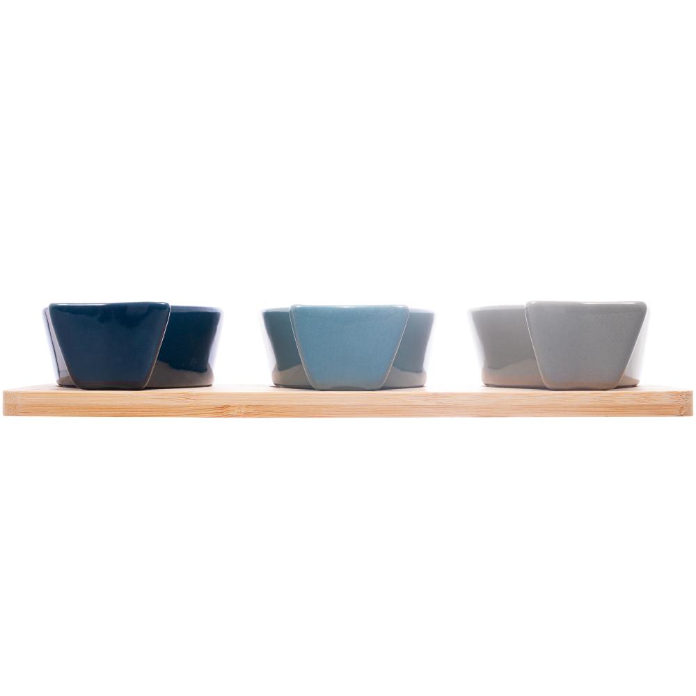 Encontraproduto.com.br - Conjunto 3 Petisqueiras com Bandeja de Bambu 25cm x 12cm x 4cm - Lyor