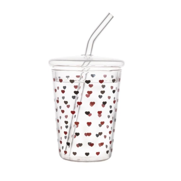 Copo Vidro Borossilicato C/Tampa e Canudo Love 360ml - Lyor