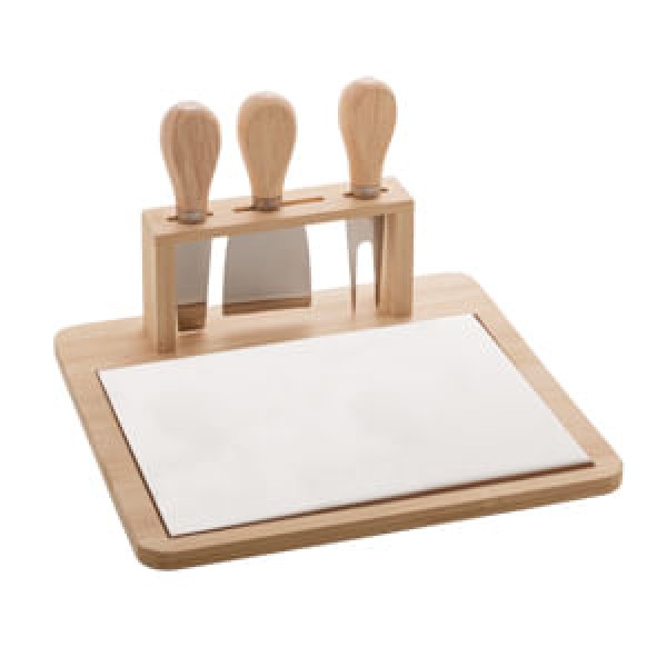 Encontraproduto.com.br - Kit Tábua para Queijo e Facas em Aço Inox e Bambu 4 Peças