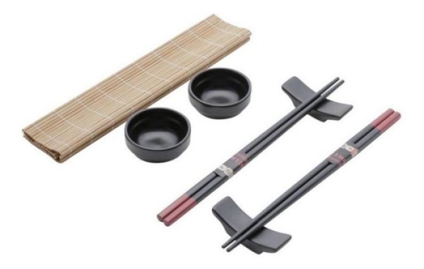 Kit 8 Peças Para Sushi Lyor Esteira Molheira Suporte E Hashi Shoyo Yokohama Cerâmica Bambu