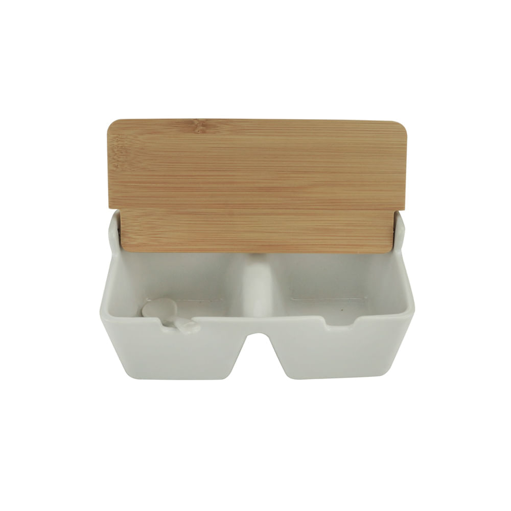 Saleiro De Mesa Com Duas Divisórias E Tampa De Bambu Com Colher