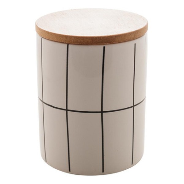 Pote Decorativo de Cêramica com Tampa De Bambu Grid Turim Branco 12,5cm