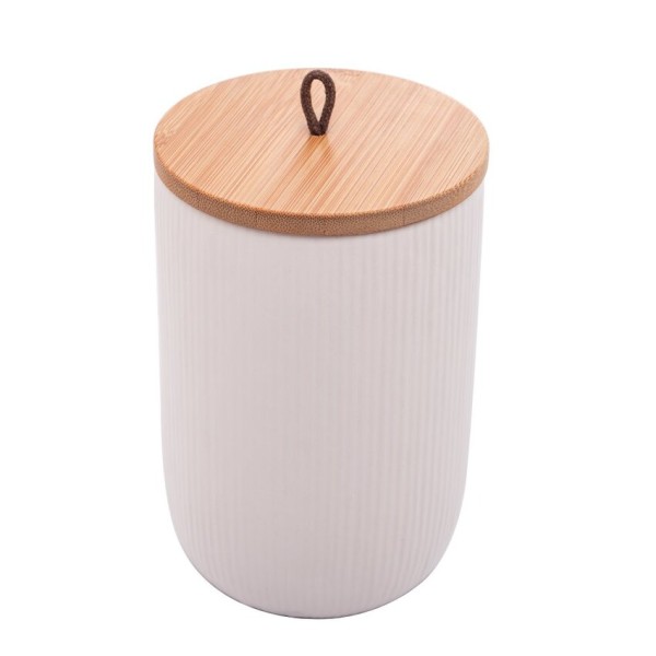 Encontraproduto.com.br - Pote Decorativo de Cerâmica com Tampa De Bambu Com Pegador De Corda Lines Branco 15cm