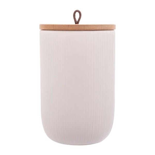Encontraproduto.com.br - Pote Decorativo de Cerâmica com Tampa De Bambu Com Pegador De Corda Lines Branco 15cm