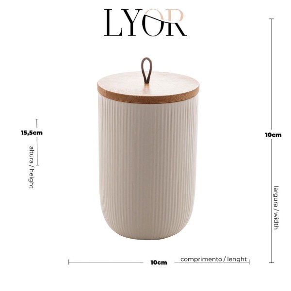 Encontraproduto.com.br - Pote Decorativo de Cerâmica com Tampa De Bambu Com Pegador De Corda Lines Branco 15cm