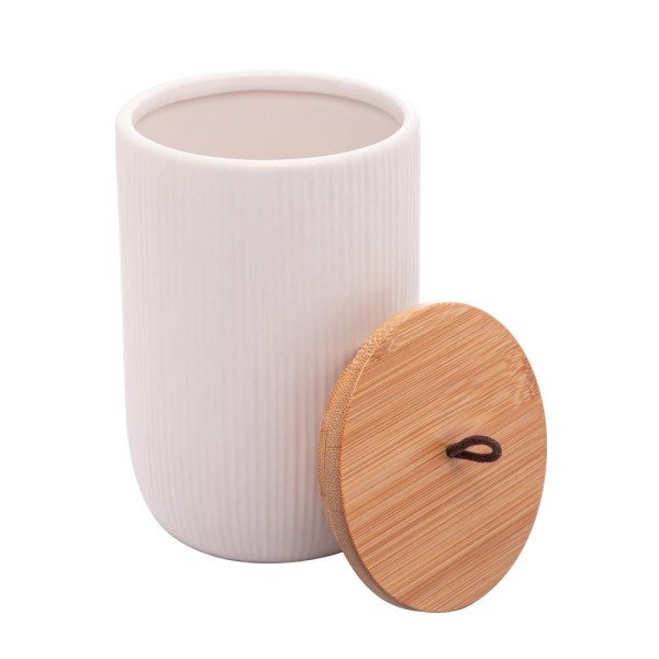 Encontraproduto.com.br - Pote Decorativo de Cerâmica com Tampa De Bambu Com Pegador De Corda Lines Branco 15cm