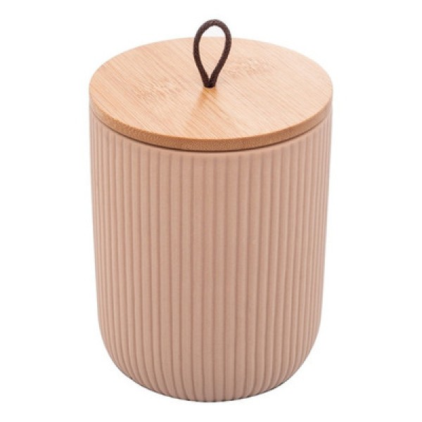 Potiche de Cerâmica com Tampa de Bambu e Pegador de Corda Lines Bege 10cm x 10cm x 12,5cm - Lyor