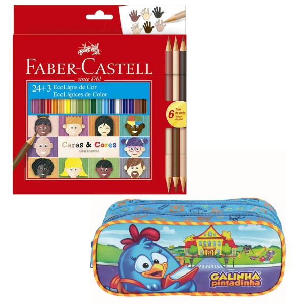 Encontraproduto.com.br - Kit de Estojo Escolar Duplo - Galinha Pintadinha e Lápis de Cor - 24 Cores + 3 - Faber-Castell