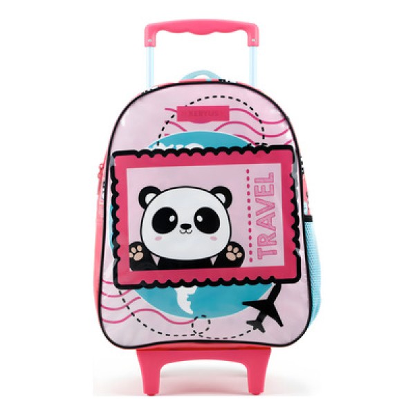 Kit Mochila Rodinhas Lancheira Estojo Xeryus Panda Rosa