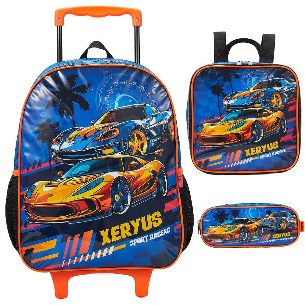 Kit Mochila de Rodinha Lancheira Estojo Xeryus Carros