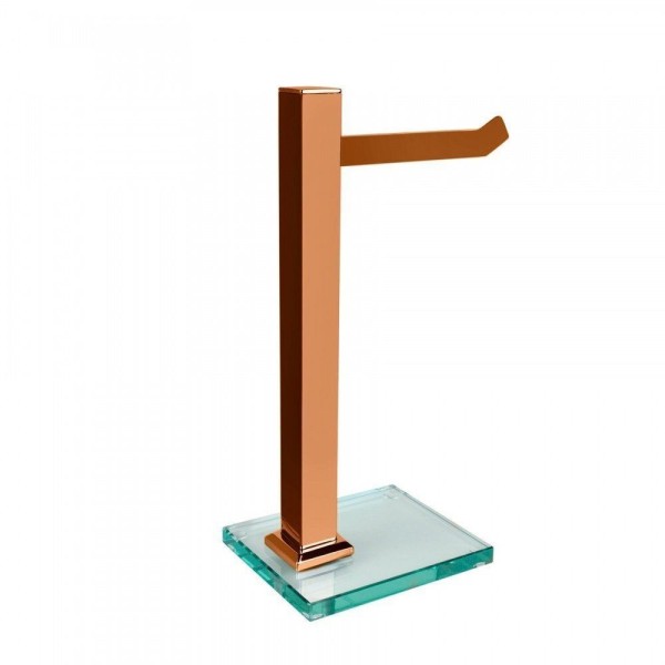 Encontraproduto.com.br - Kit 1 Papeleira De Chão Dupla E 1 Porta Toalhas De Bancada Com Vidro Incolor Ducon Metais Rosé Gold