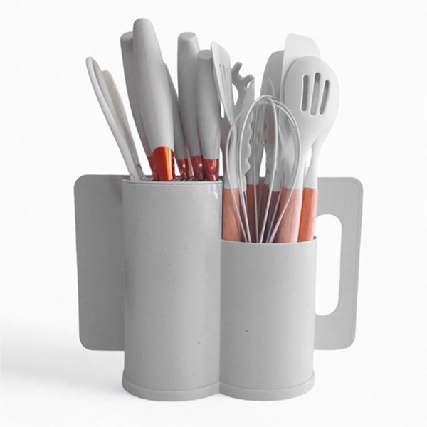 Conjunto De 19 Utensílios De Cozinha Em Silicone Com Cabos De Madeira E Base Oval - Branco