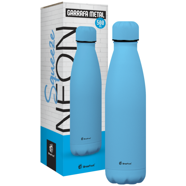 Encontraproduto.com.br - Garrafa Térmica Brasfoot Metal Neo 500ml Azul Neon Emborrachado - 13091