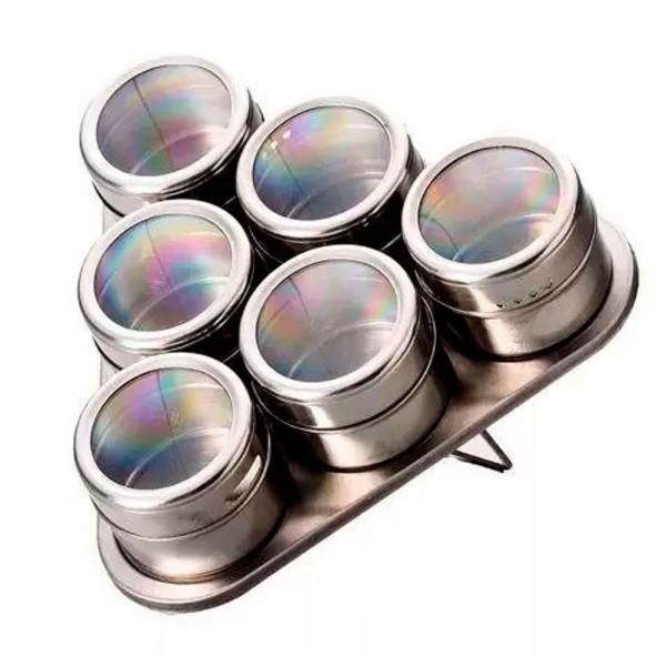 Encontraproduto.com.br - Porta Condimento Tempero Magnético Inox 6 Potes Com Imã