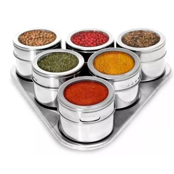 Encontraproduto.com.br - Porta Condimento Tempero Magnético Inox 6 Potes Com Imã