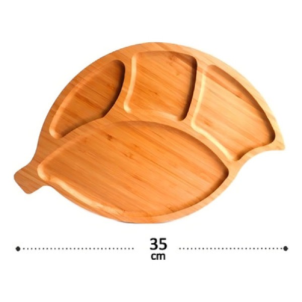 Petisqueira de bambu folha 4 divisórias 35x23cm Imporiente