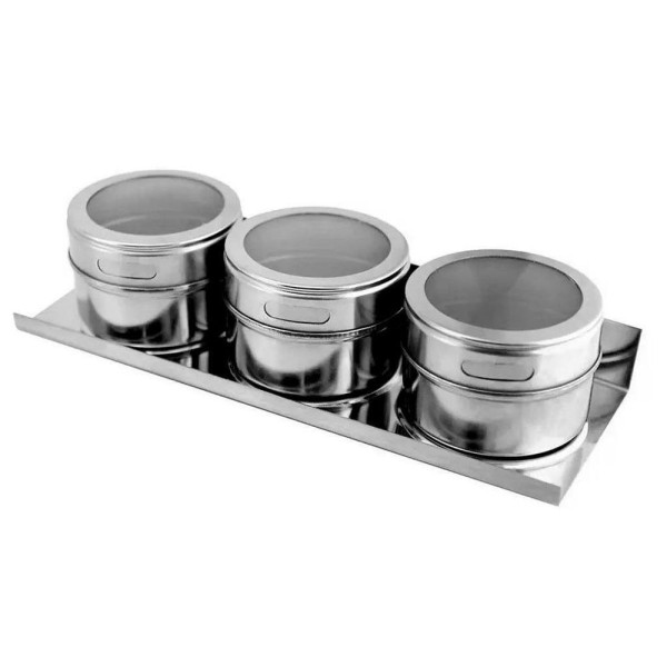 Encontraproduto.com.br - Porta Condimento Tempero Magnético Inox 3 Potes Com Imã