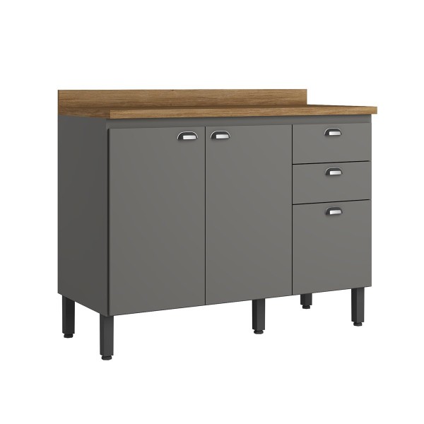 Encontraproduto.com.br - Balcão 02 Portas 03 Gavetas THB Vivenda com Tampo CV190 Grafite e Mel BP 120cm