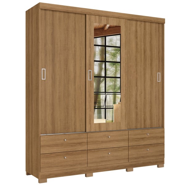 Encontraproduto.com.br - Guarda-Roupa 3 Portas THB Londres Glass Com Espelho 6 Gavetas Almendra 5670
