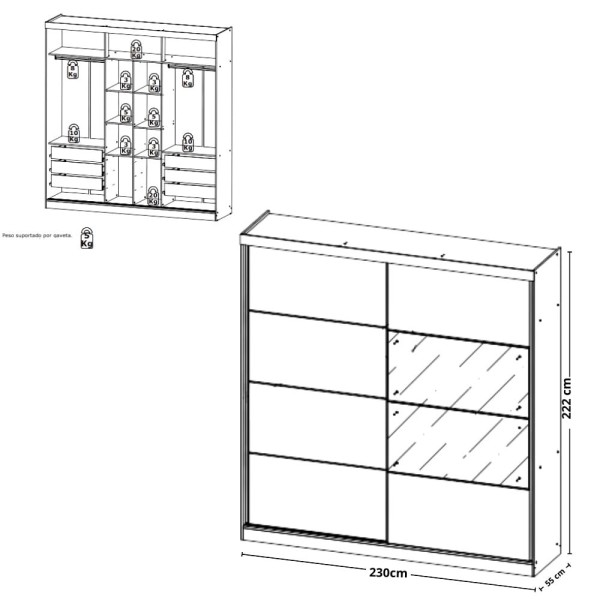 Encontraproduto.com.br - Guarda Roupa Casal com Espelho 2 Portas de Correr em MDF Málaga GlassTHB
