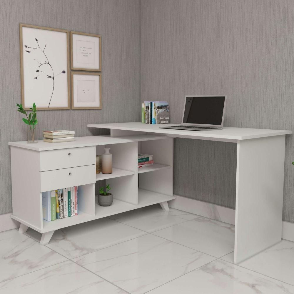Mesa Para Computador Escrivaninha Em L Gold 2 Gavetas e Nichos Branco - Artany