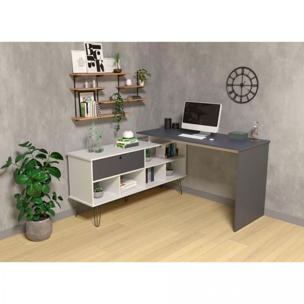 Escrivaninha Artany Dubai Com 1 Porta Basculante E 5 Nichos Branco E Grafito