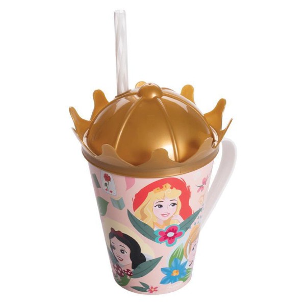 Caneca Plástica Com Tampa Coroa Princesas Plasútil 360ml