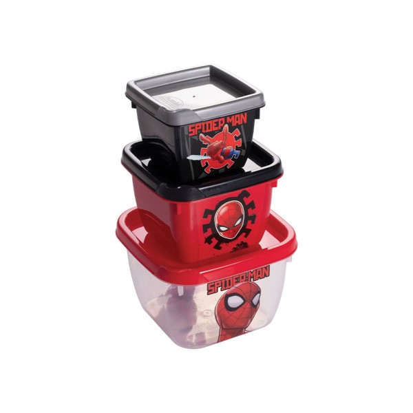 Encontraproduto.com.br - Conjunto de Potes Plasútil Quadrado Conect Plástico Homem Aranha c/ 3 Unid