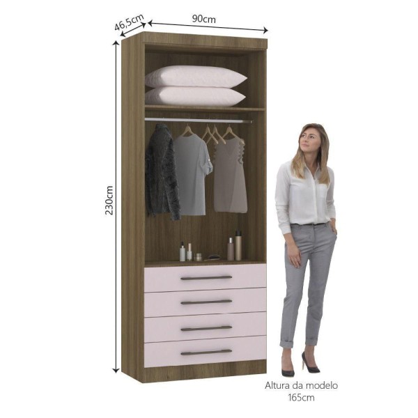 Encontraproduto.com.br - Guarda Roupa Modulado 90cm 2 Portas E 4 Gavetas Paris Luciane Móveis Avelã Pf Com Rosa Pf