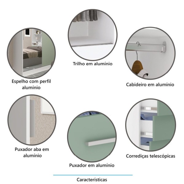 Encontraproduto.com.br - Guarda Roupas 134,5cm 2 Pts De Correr Com Espelho Alpes Luciane Móveis Branco