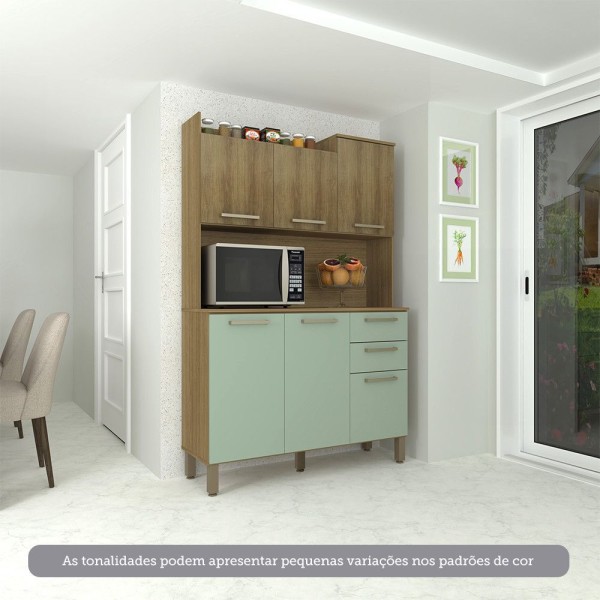 Encontraproduto.com.br - Cozinha Compacta 6 Portas E 2 Gavetas Com Tampo Luciane Móveis Carvalho Avelã Verde Mar
