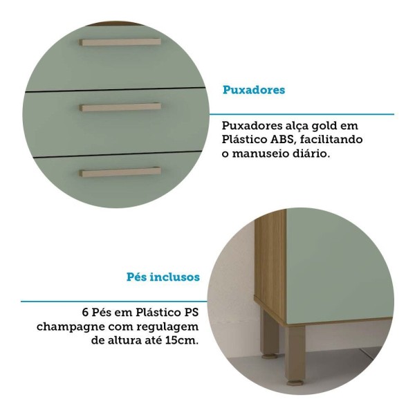 Encontraproduto.com.br - Cozinha Compacta 7 Portas E 2 Gavetas Com Tampo Luciane Móveis Carvalho Avelã Verde Mar