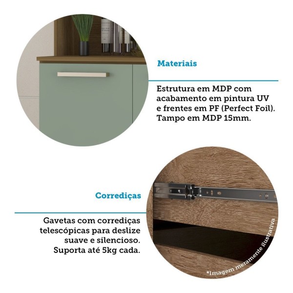 Encontraproduto.com.br - Cozinha Compacta 10 Portas E 2 Gavetas Com Tampo Luciane Móveis Carvalho Avelã Verde Mar