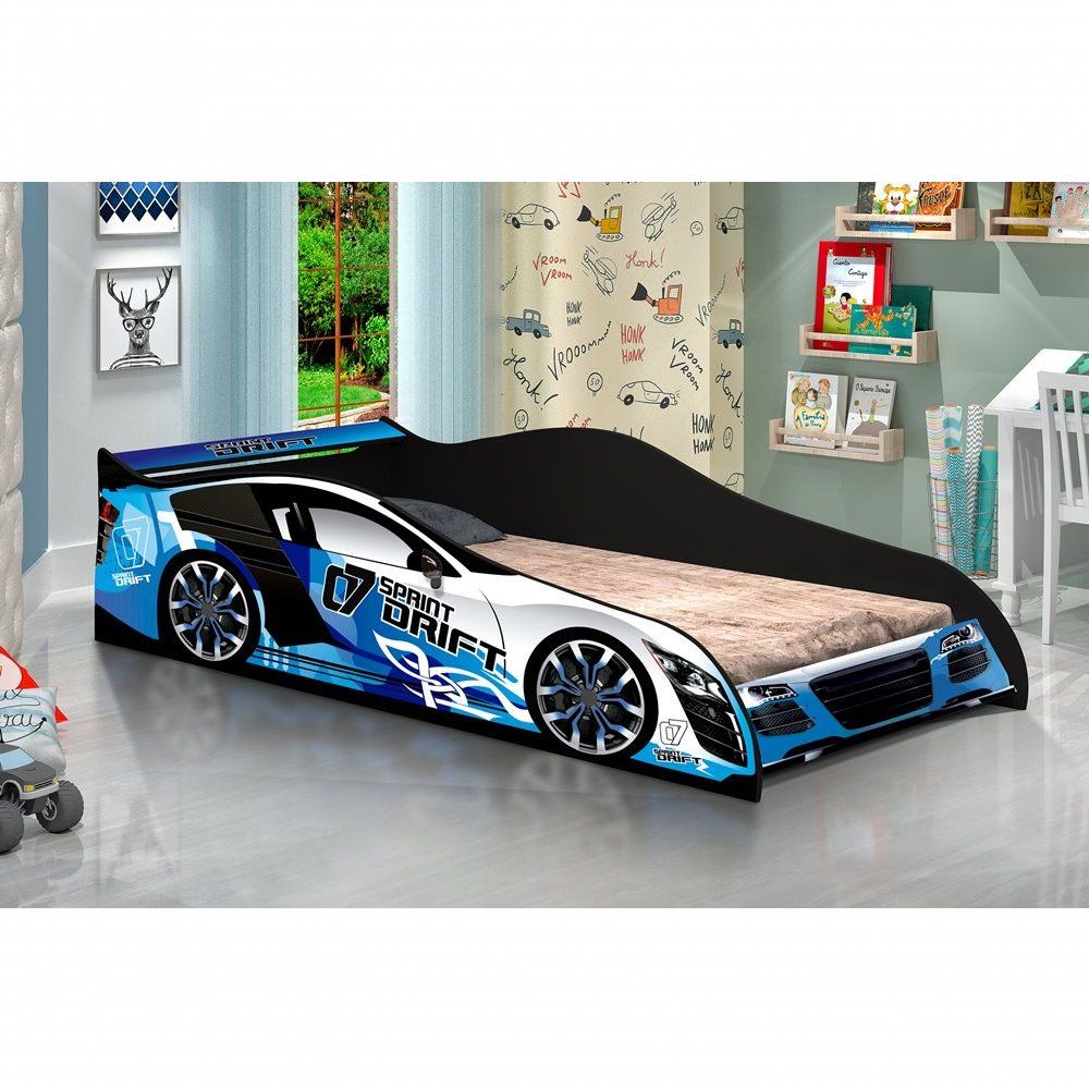 Encontraproduto.com.br - Cama Infantil com Proteção Lateral Carro Drift J&A Móveis Azul