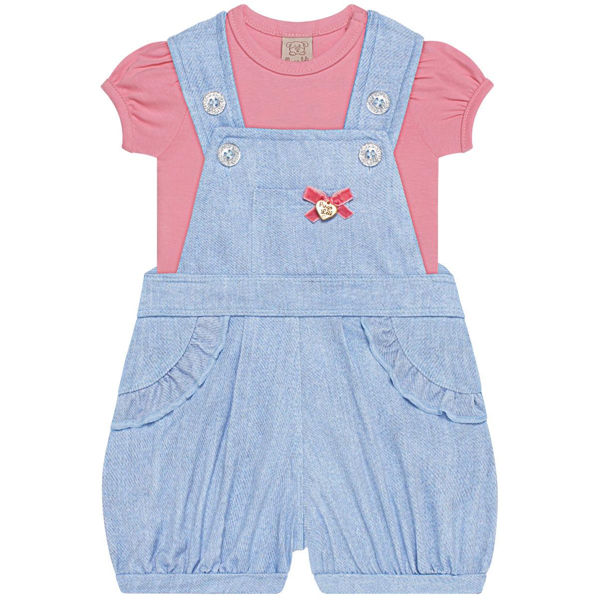 Jardineira c/ Body curto para bebê em cotton Denim - Pingo Lelê
