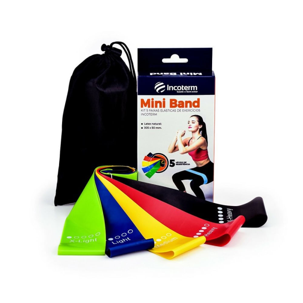 Encontraproduto.com.br - Kit Mini Band 5 Faixas Elásticas de Exercícios Incoterm