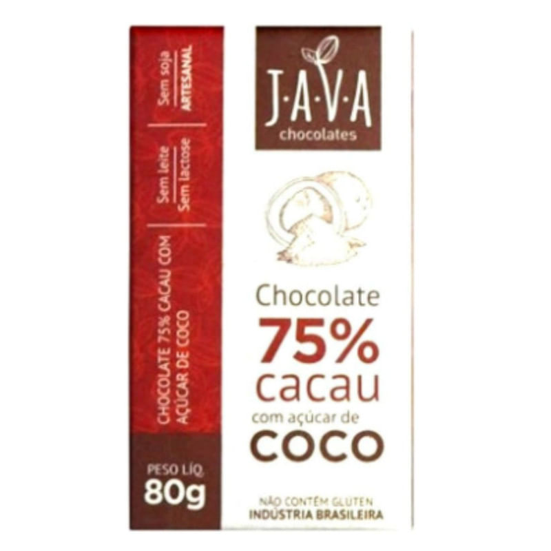 Encontraproduto.com.br - Chocolate Java Chocolates 75% Cacau com Açúcar de Coco 80g
