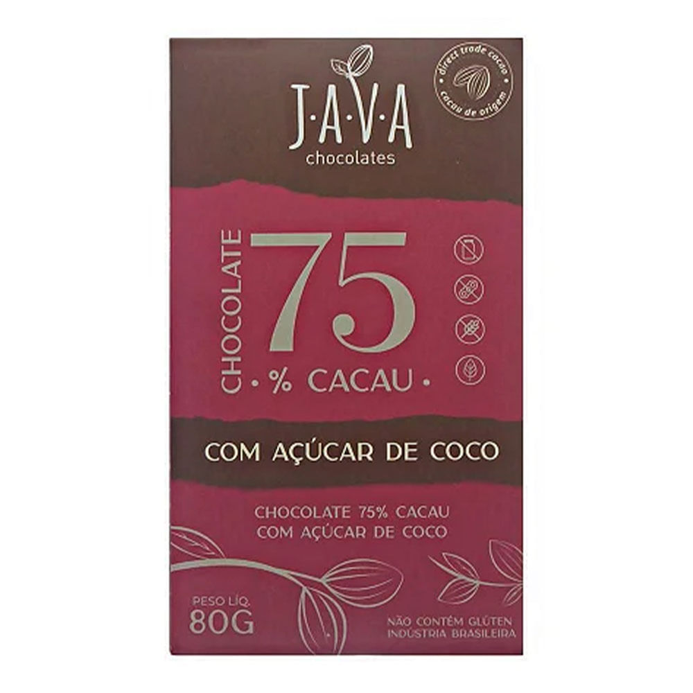 Encontraproduto.com.br - Chocolate Java Chocolates 75% Cacau com Açúcar de Coco 80g