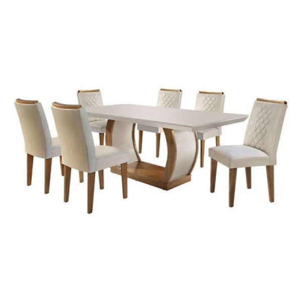 Encontraproduto.com.br - Conjunto de Mesa de Jantar com Vidro e 6 Cadeiras Maia I Veludo Imbuia e Creme