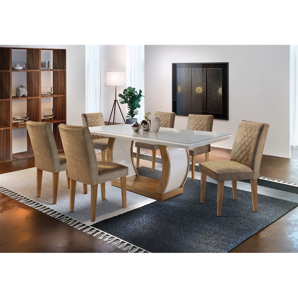 Sala de Jantar Milena Tampo MDF Vidro 6 Cadeiras QR Rufato