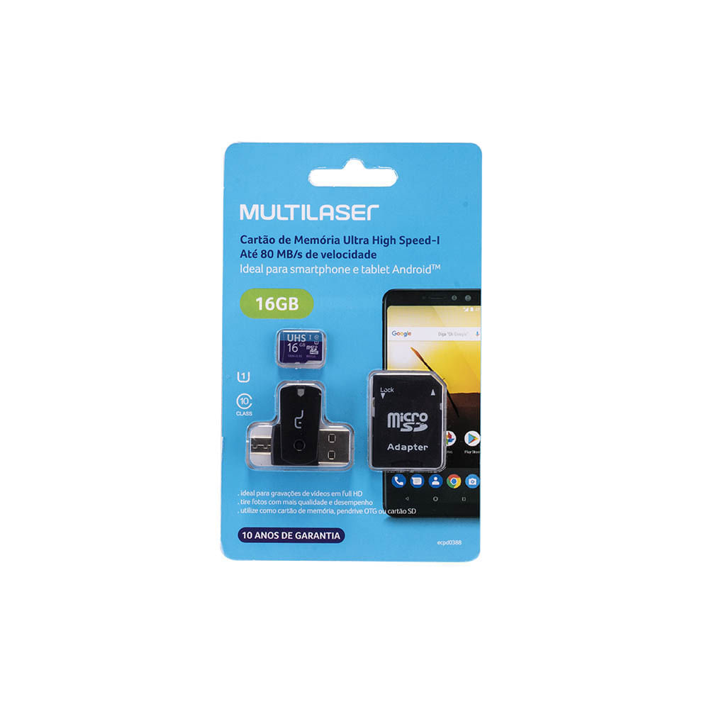 Encontraproduto.com.br - Cartão de Memória 16GB + Adaptador USB Dual Drive + Adaptador SD MC150 Multilaser