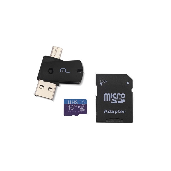 Encontraproduto.com.br - Cartão de Memória 16GB + Adaptador USB Dual Drive + Adaptador SD MC150 Multilaser