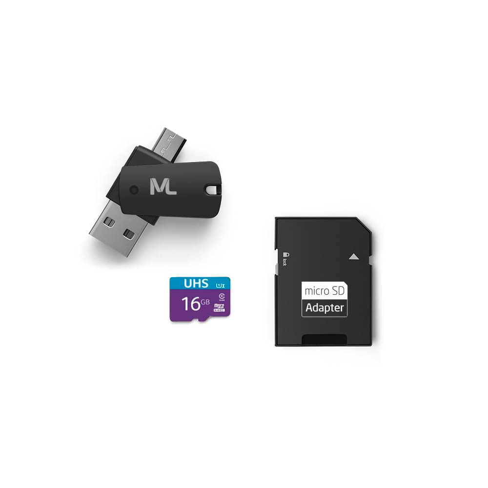 Encontraproduto.com.br - Cartão de Memória 16GB + Adaptador USB Dual Drive + Adaptador SD MC150 Multilaser