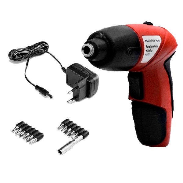Encontraproduto.com.br - Parafusadeira Elétrica Multilaser Bivolt LED e Kit com 11 Bits Vermelho - HO031