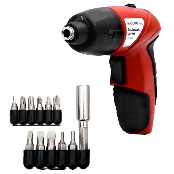 Encontraproduto.com.br - Parafusadeira Elétrica Multilaser Bivolt LED e Kit com 11 Bits Vermelho - HO031
