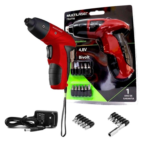 Encontraproduto.com.br - Parafusadeira Elétrica Multilaser Bivolt LED e Kit com 11 Bits Vermelho - HO031