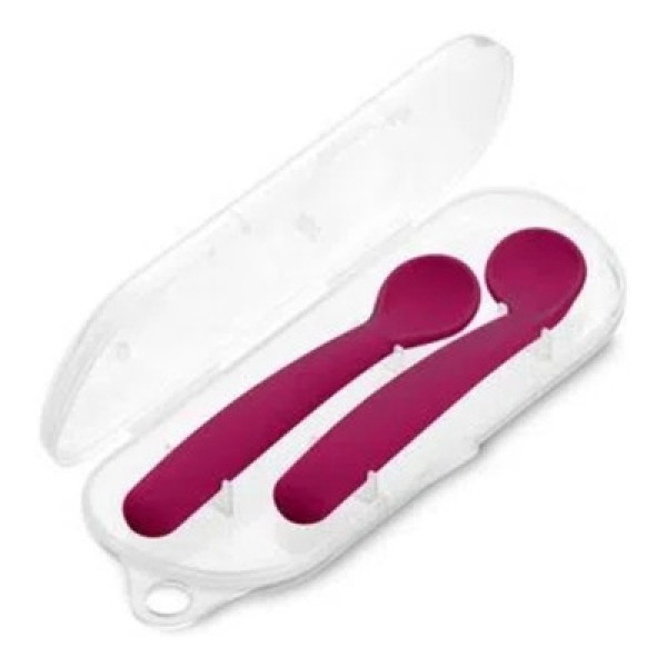 Encontraproduto.com.br - Kit Duas Colheres First Bites no Case Silicone Rosa Multikids Baby - BB1046