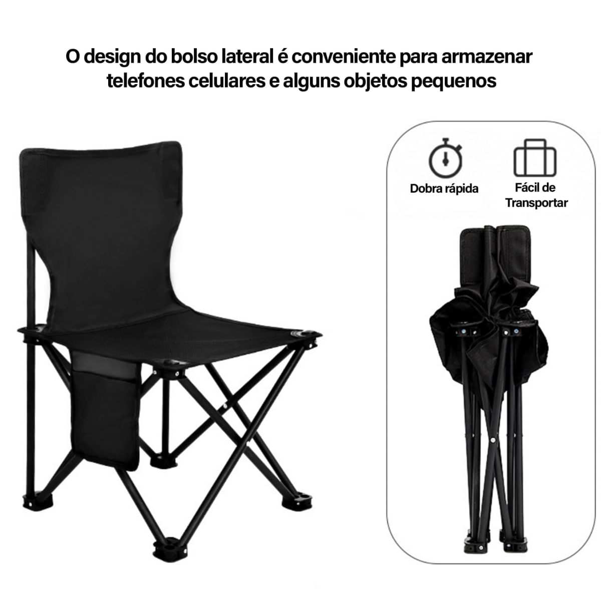 Cadeira Pequena Portatil Banqueta Dobravel Leve Camping Pesca Praia Adulto/Criança Preta WCT FITNESS