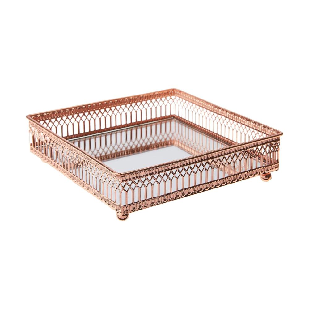 Bandeja quadrada espelhada em inox Adely Decor 15cm rosé