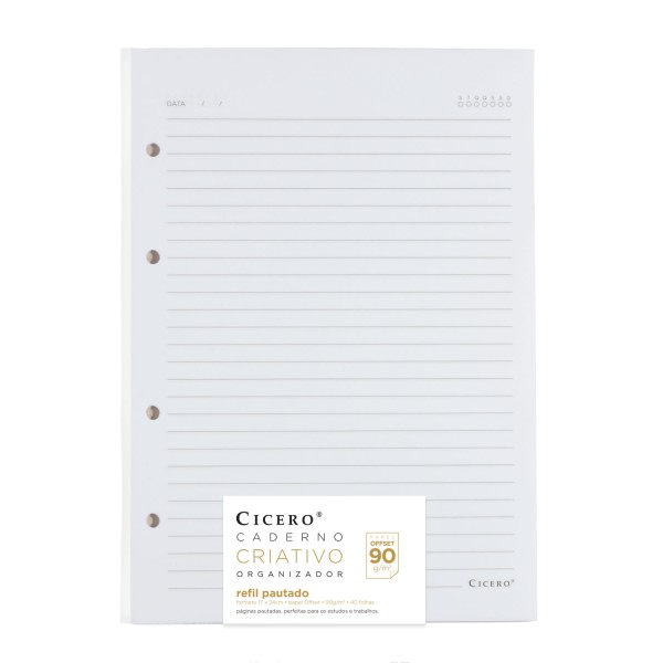 Encontraproduto.com.br - Refil 17 x 24 cm com 40 Folhas Pautado Offset 90 g/m² Cicero